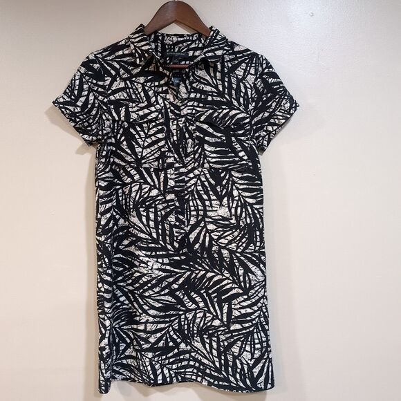 Banana Republic Linen Blend Dress Black and Cream Leaf Pattern, Size 4 - Picture 1 of 9